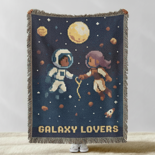 Galaxy Lovers Retro Pixel Art Woven Blanket