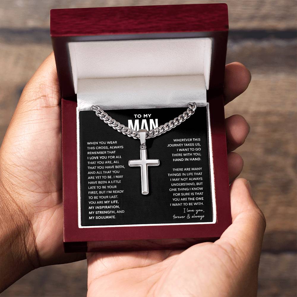 I Love My Man Engravable Cuban Chain Cross Necklace