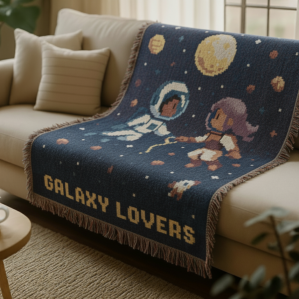 Galaxy Lovers Retro Pixel Art Woven Blanket