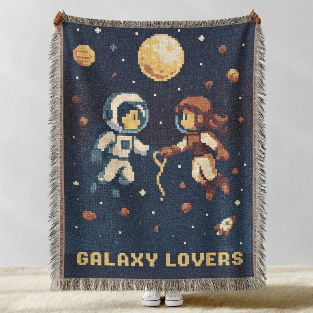 Galaxy Lovers Woven Blanket Retro Pixel Art