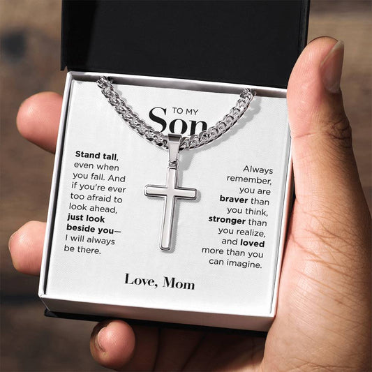 To My Son Engravable Cuban Chain Cross Necklace