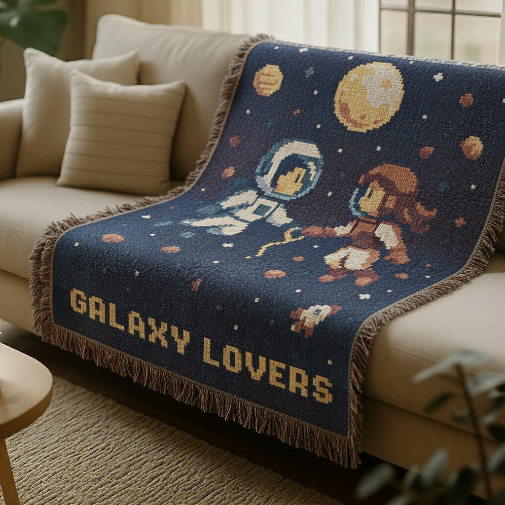 Galaxy Lovers Woven Blanket Retro Pixel Art